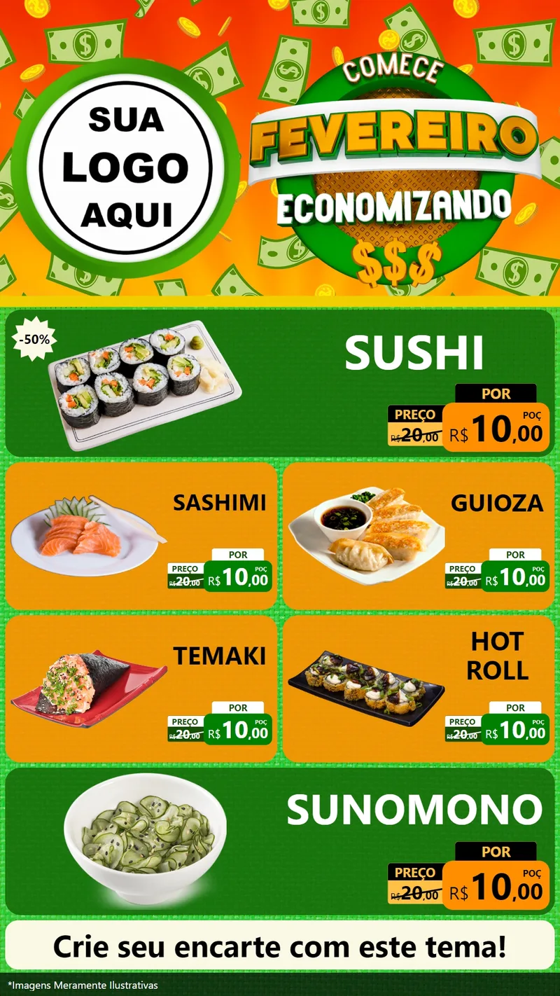 Modelo de TV para TV Vertical com o tema Comece Fevereiro Economizando para Comida japonesa