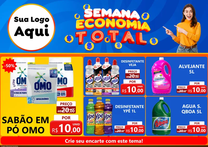 Modelo de Encarte para Encarte A4 Horizontal com o tema Semana Economia Total para Produtos de Limpeza