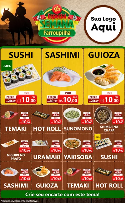 Modelo de Encarte para Encarte Grande com o tema Especial Semana Farroupilha para Comida japonesa