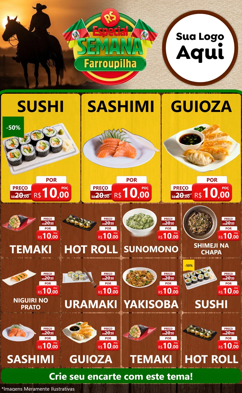 Modelo de Encarte para Encarte Grande com o tema Especial Semana Farroupilha para Comida japonesa