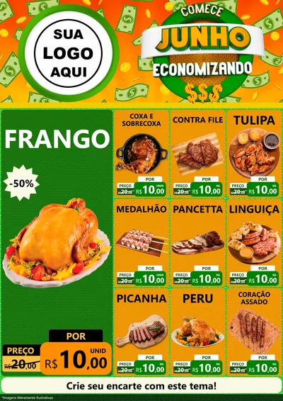 Modelo de Encarte para Encarte A4 Vertical com o tema Comece Junho Economizando para Assados