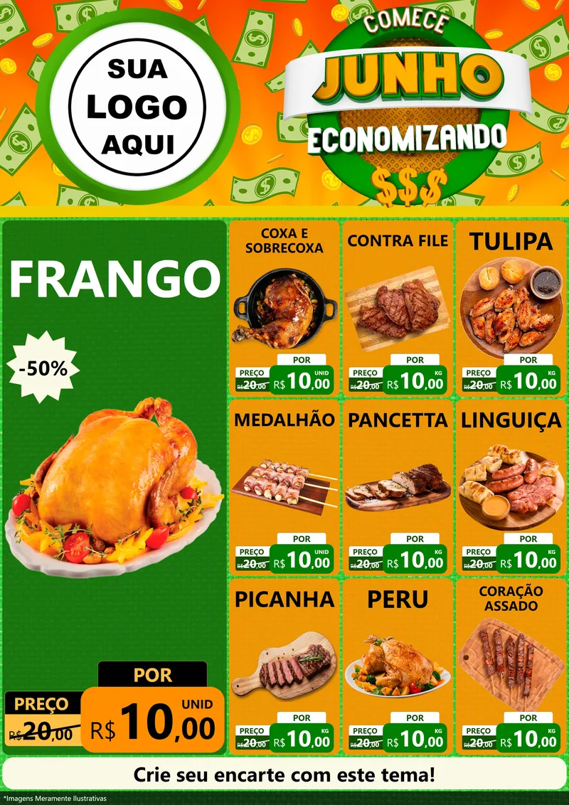 Modelo de Encarte para Encarte A4 Vertical com o tema Comece Junho Economizando para Assados