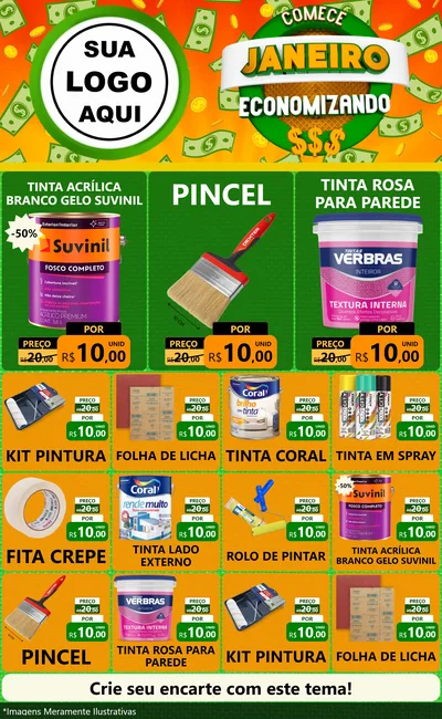 Modelo de Encarte para Encarte Grande com o tema Comece Janeiro Economizando para Tintas e Ferramentas