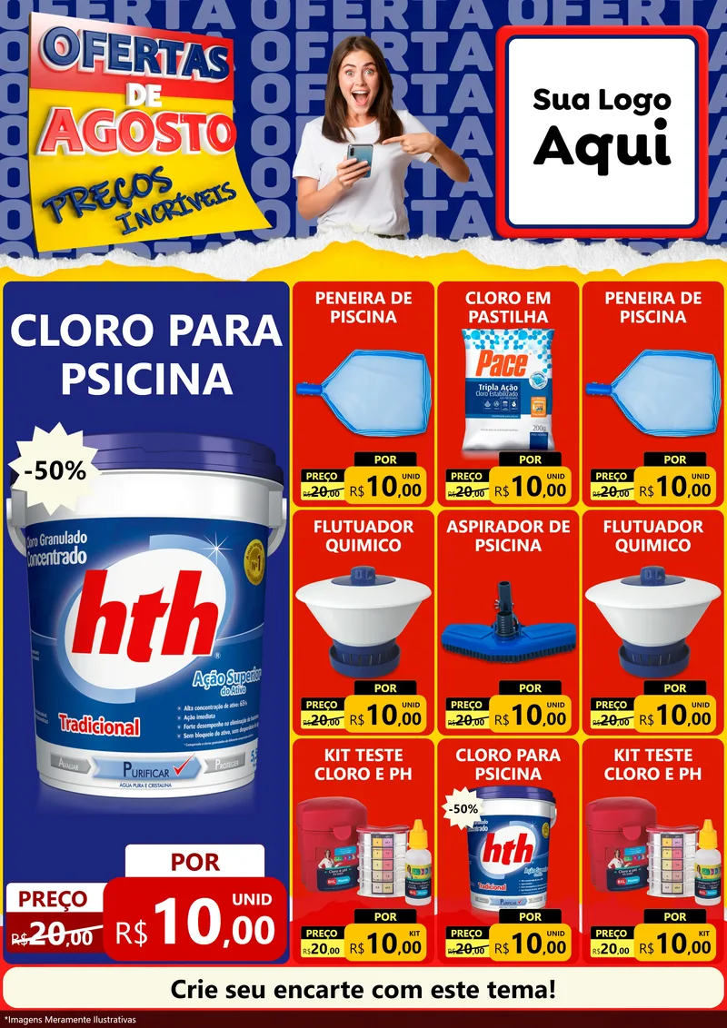 Modelo de Encarte para Encarte A4 Vertical com o tema Ofertas de Agosto - Preços Incríveis para Produtos para Piscina