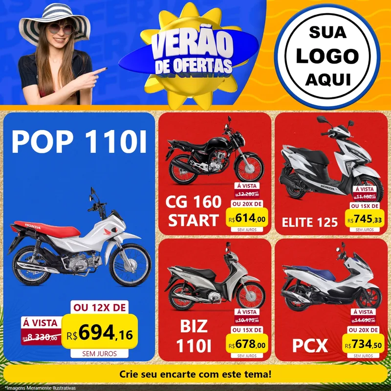 Modelo de Rede Social para Feed Facebook com o tema Verão de Ofertas para Concessionaria de Motos
