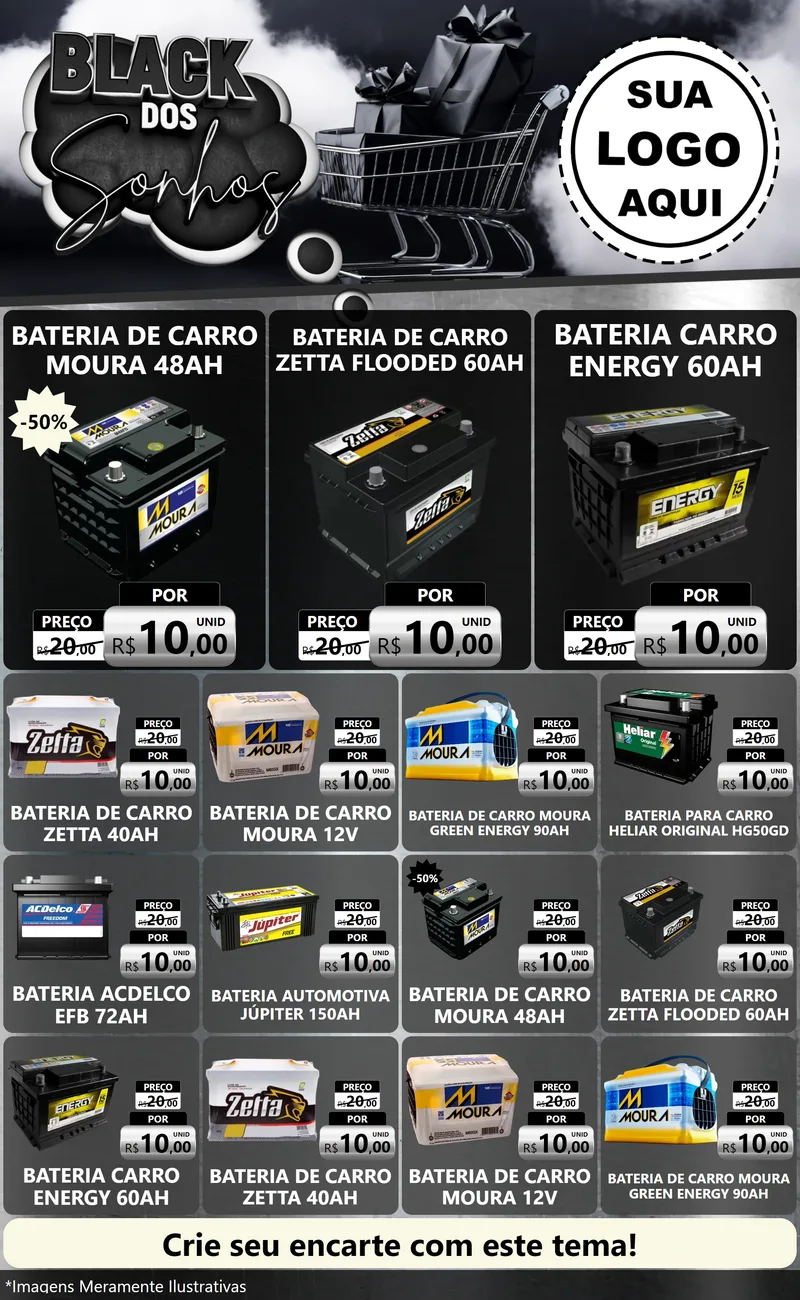 Modelo de Encarte para Encarte Grande com o tema Black dos Sonhos para Baterias Elétricas