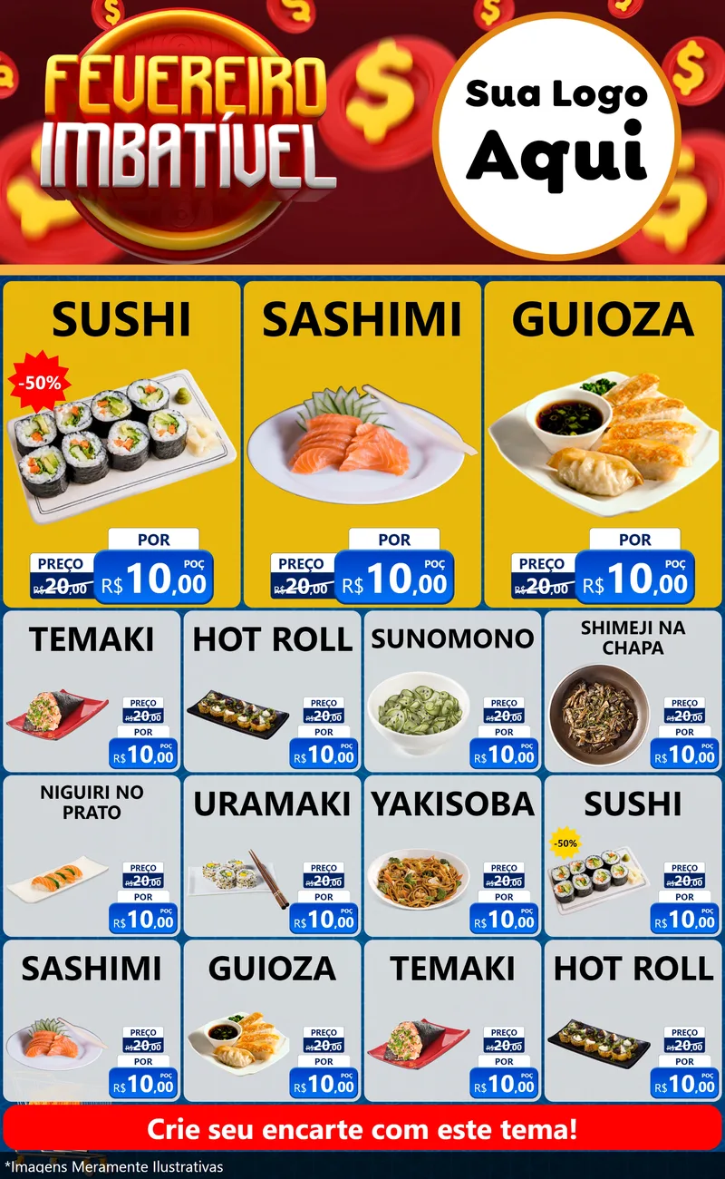 Modelo de Encarte para Encarte Grande com o tema Fevereiro Imbatível para Comida japonesa