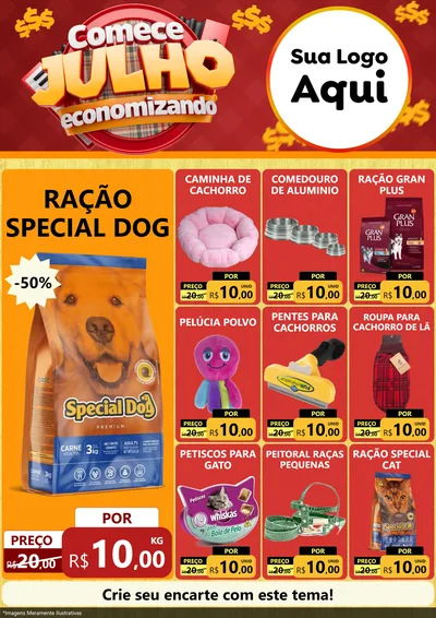 Modelo de Encarte para Encarte A4 Vertical com o tema Comece Julho Economizando para Pet Shop