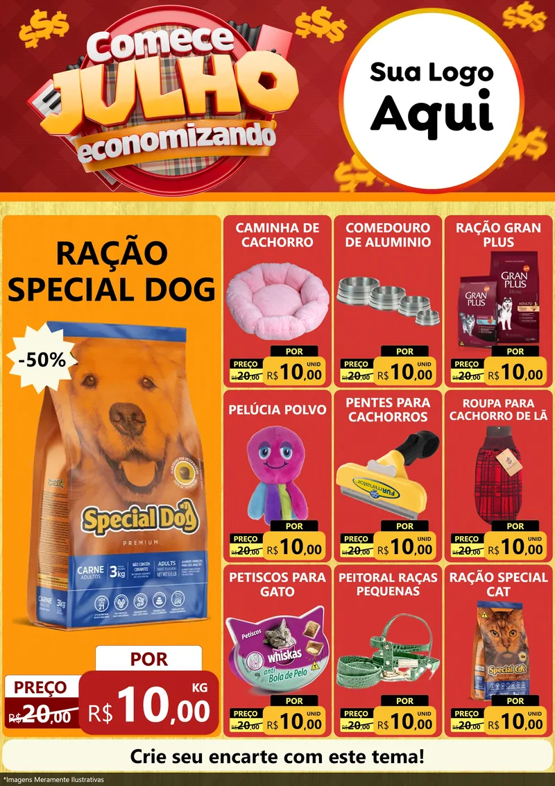 Modelo de Encarte para Encarte A4 Vertical com o tema Comece Julho Economizando para Pet Shop