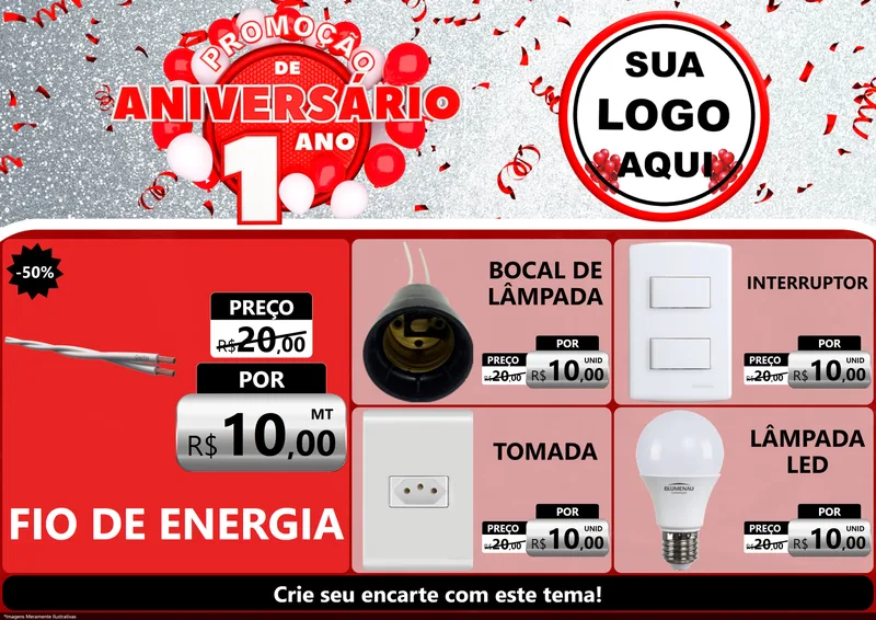 Modelo de Encarte para Encarte A4 Horizontal com o tema Promoção de Aniversário - 1 Ano para Materiais Elétricos