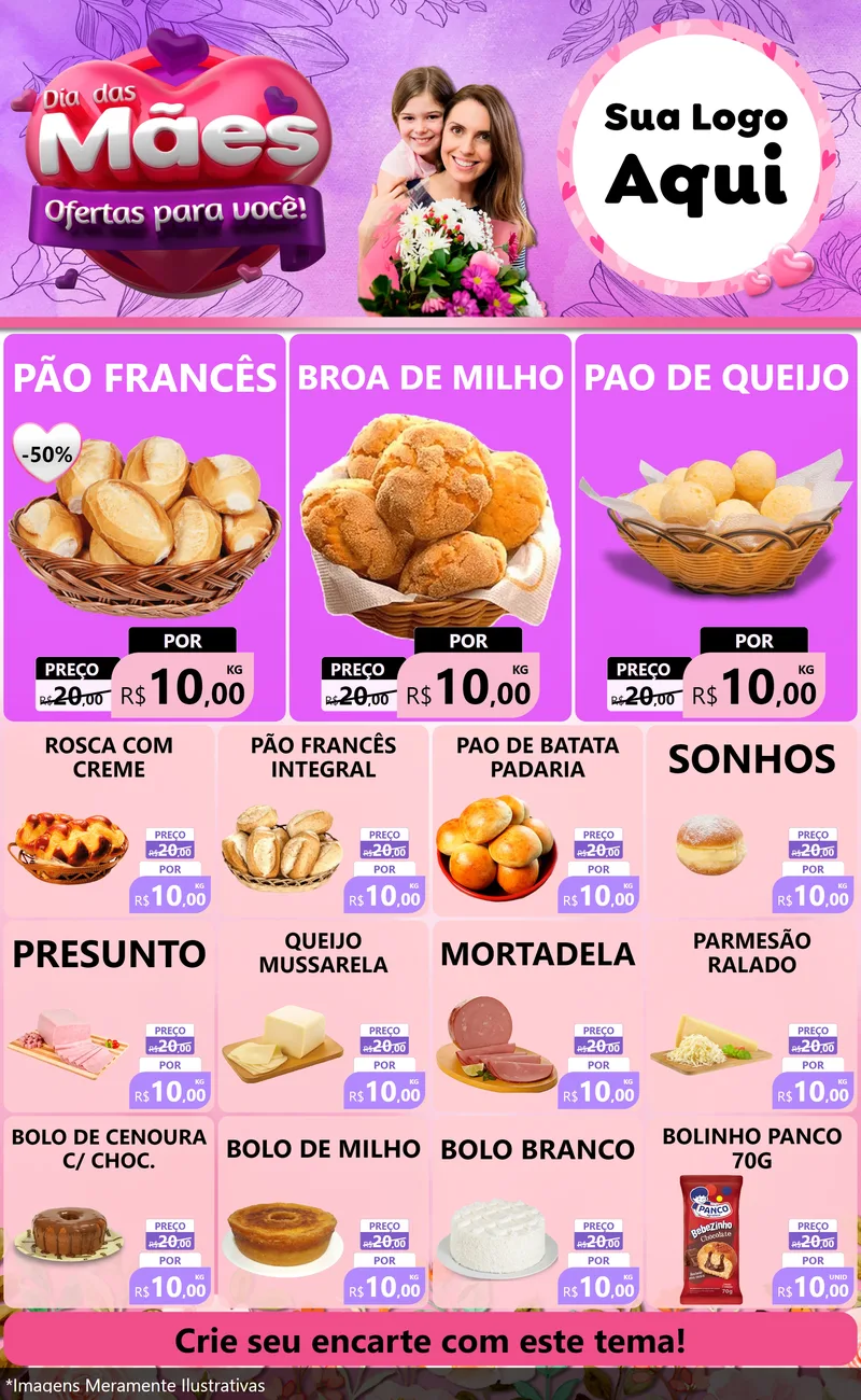 Modelo de Encarte para Encarte Grande com o tema Dia das Mães Ofertas para Você! para Padaria