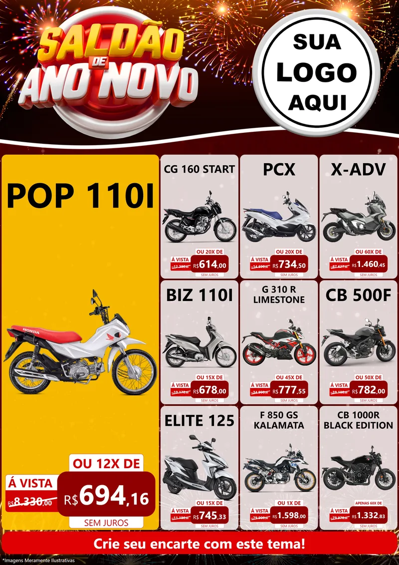 Modelo de Encarte para Encarte A4 Vertical com o tema Saldão de Ano Novo para Concessionaria de Motos