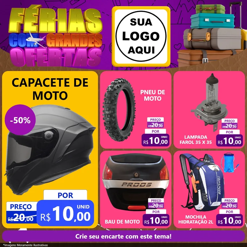 Modelo de Rede Social para Feed Facebook com o tema Férias com Grandes Ofertas para Moto peças