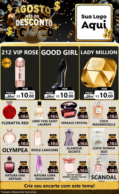 Modelo de Encarte para Encarte Grande com o tema Agosto Mês do Desconto Louco para Perfumes
