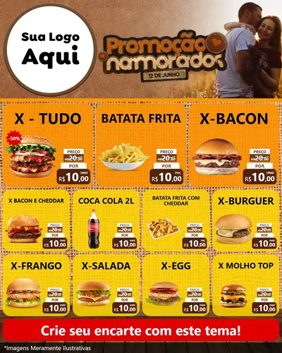 Modelo de Rede Social para Feed Instagram com o tema Promoção Namorados para Hamburgueria