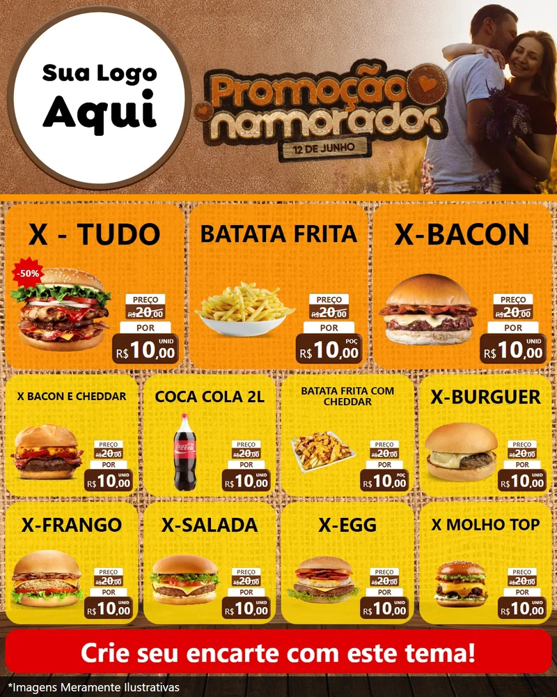 Modelo de Rede Social para Feed Instagram com o tema Promoção Namorados para Hamburgueria