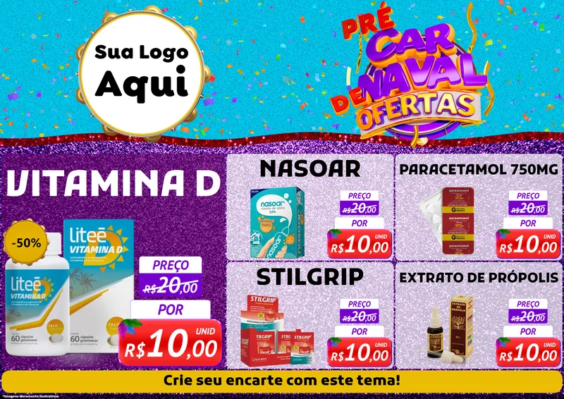 Modelo de Encarte para Encarte A4 Horizontal com o tema Pré Carnaval de Ofertas para Farmácia
