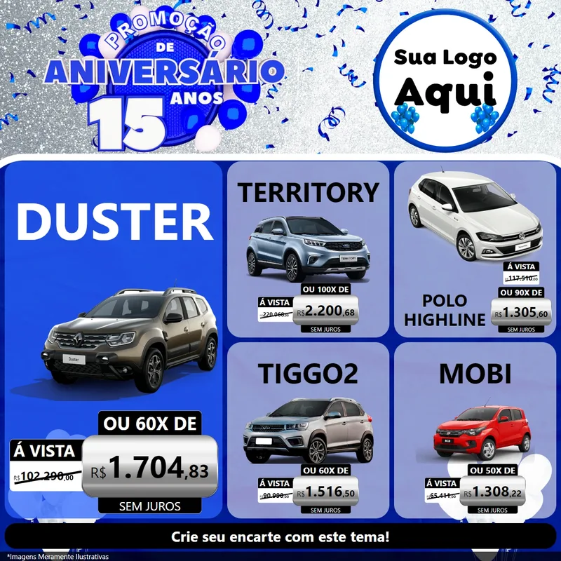Modelo de Rede Social para Feed Facebook com o tema Promoção de Aniversário - 15 Anos para Concessionaria de Carros