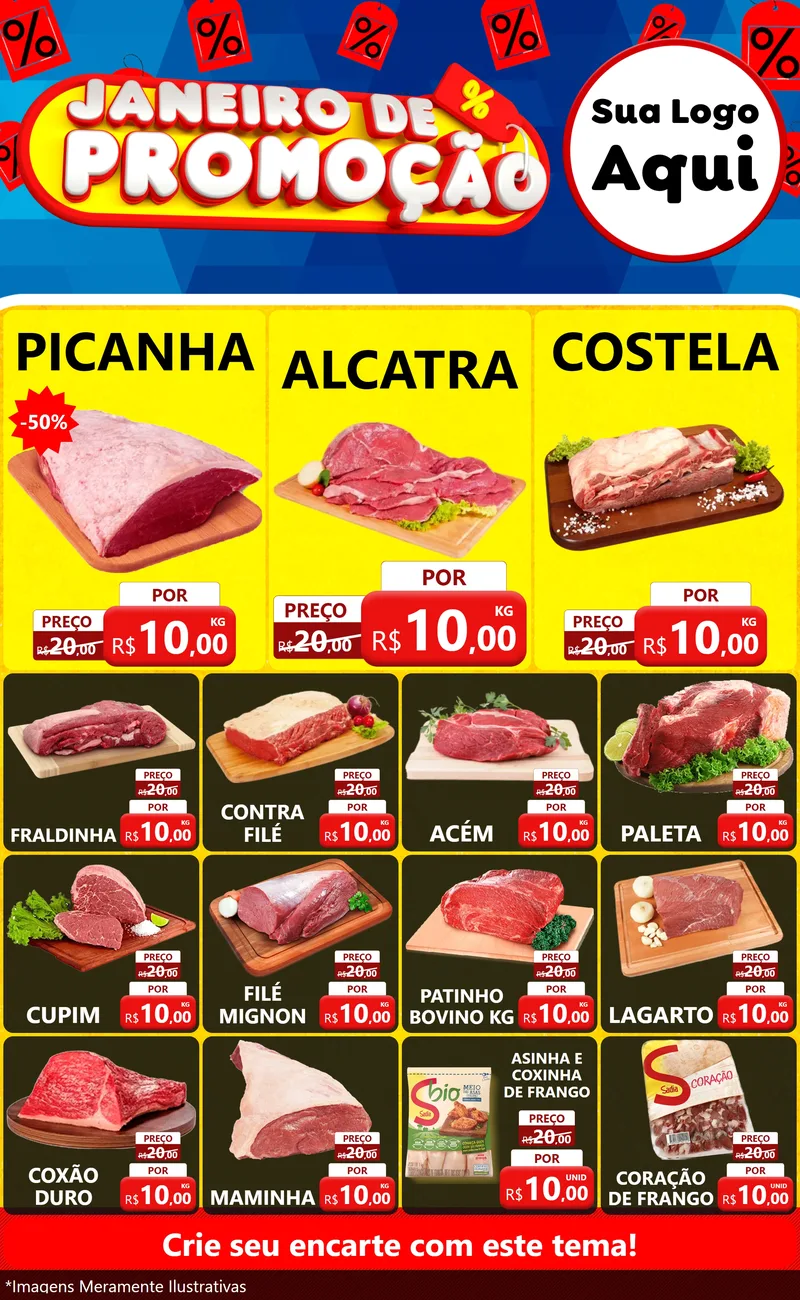 Modelo de Encarte para Encarte Grande com o tema Janeiro de Promoção para Açougue