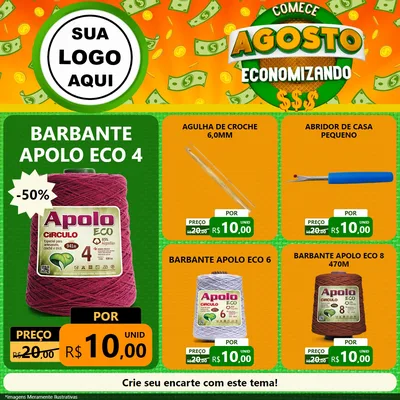Modelo de Rede Social para Feed Facebook com o tema Comece Agosto Economizando para Armarinho e Aviamentos
