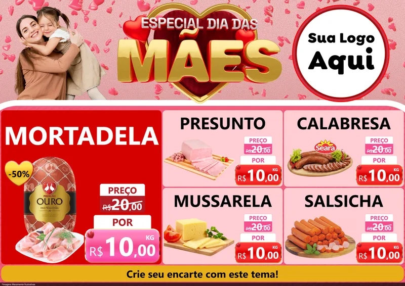 Modelo de Encarte para Encarte A4 Horizontal com o tema Especial Dia Das Mães para Frios e Laticínios