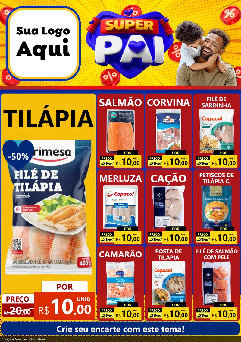 Modelo de Encarte para Encarte A4 Vertical com o tema Super Pai para Peixaria