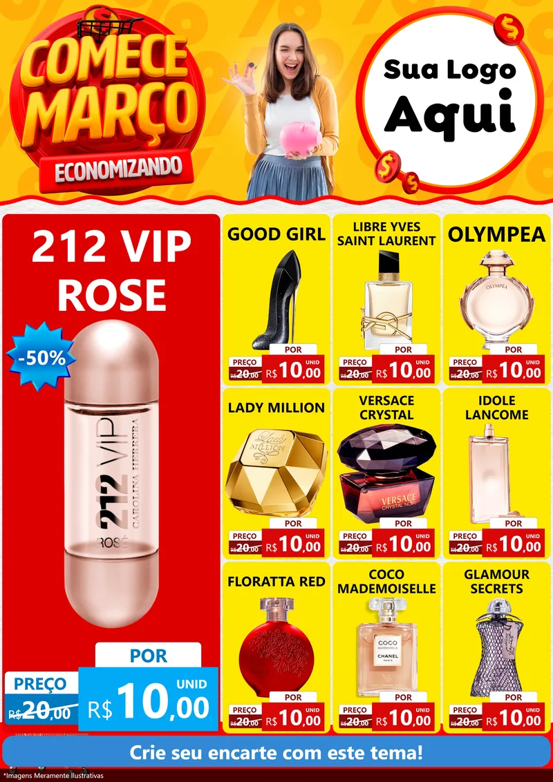 Modelo de Encarte para Encarte A4 Vertical com o tema Comece Março Economizando para Perfumes