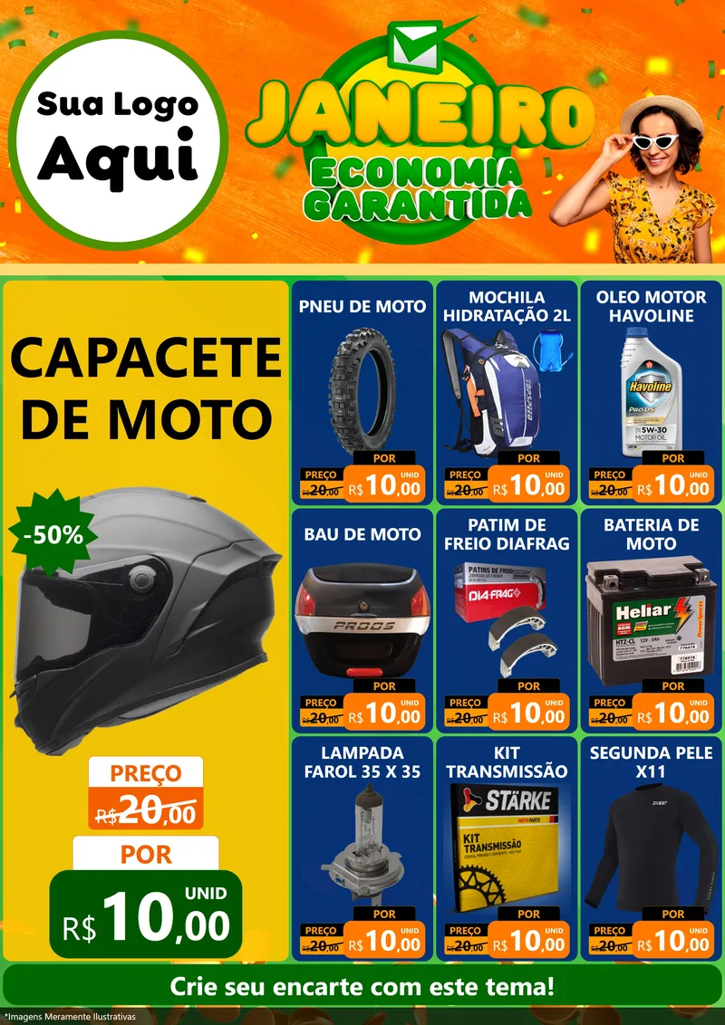 Modelo de Encarte para Encarte A4 Vertical com o tema Janeiro - Economia Garantida para Moto peças