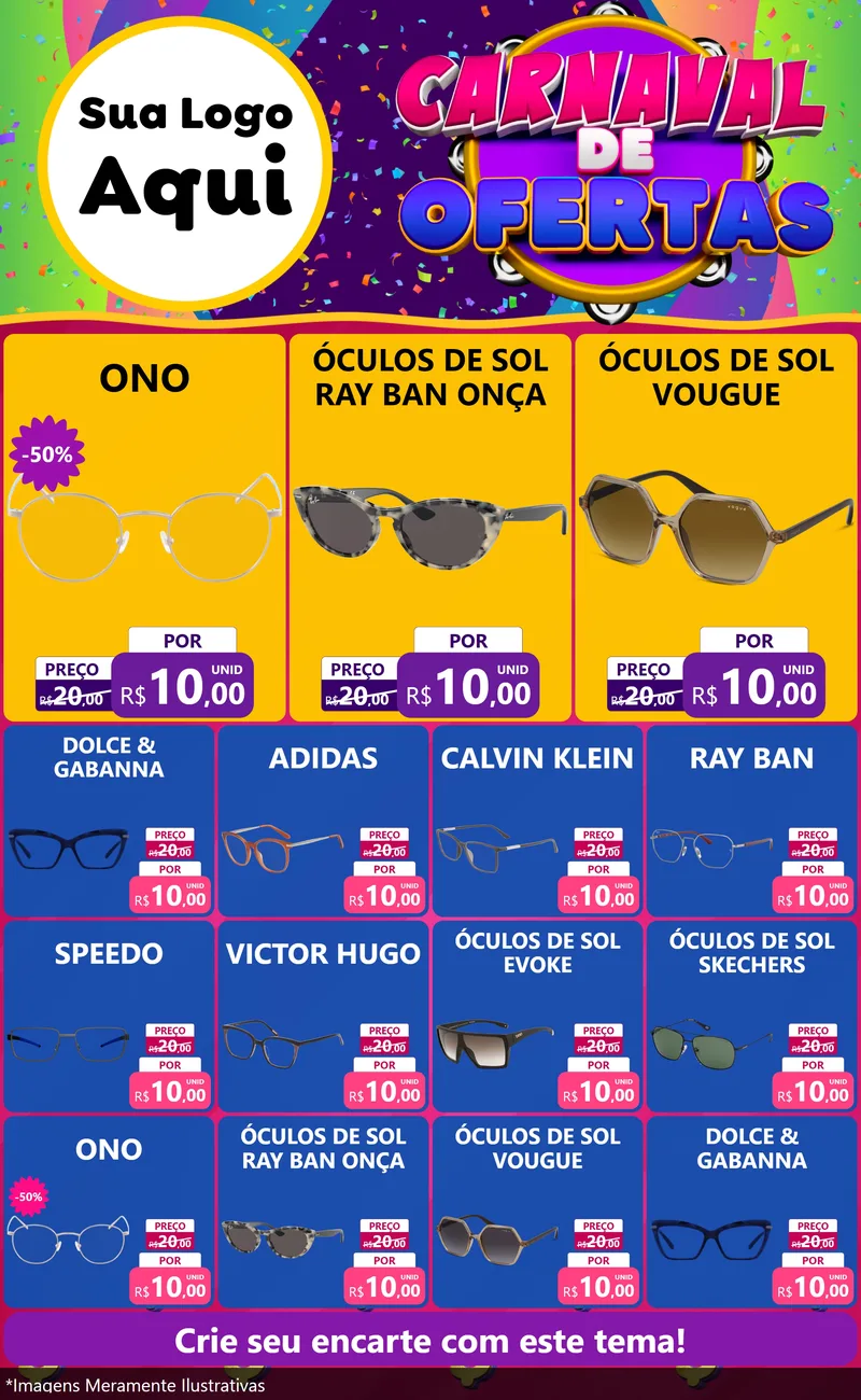 Modelo de Encarte para Encarte Grande com o tema Carnaval de Ofertas para Óticas