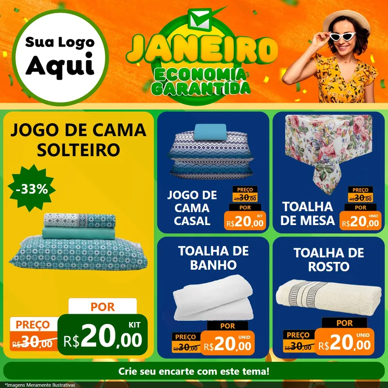 Modelo de Rede Social para Feed Facebook com o tema Janeiro - Economia Garantida para Cama, Mesa e Banho