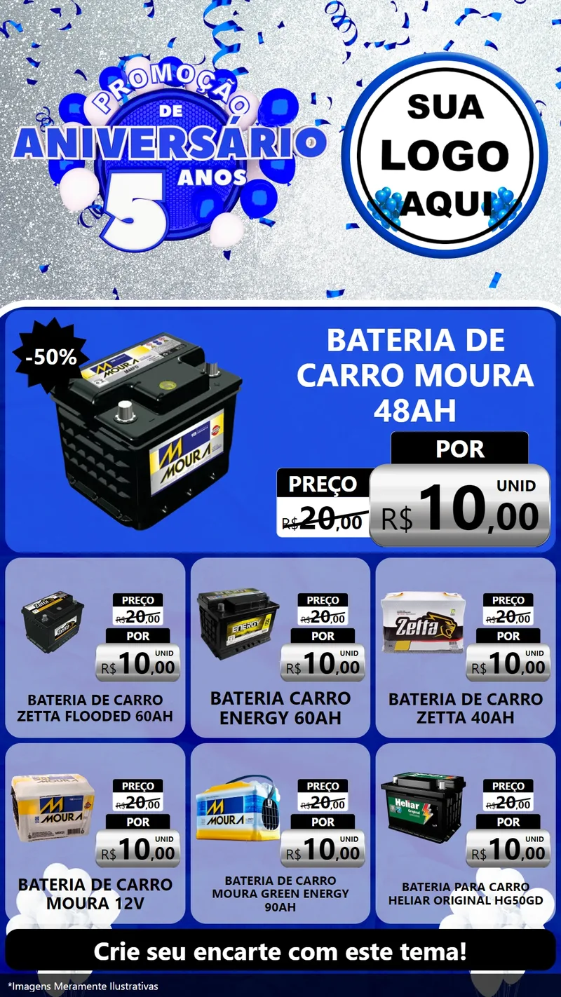 Modelo de Rede Social para Stories com o tema Promoção de Aniversário - 5 Anos para Baterias Elétricas
