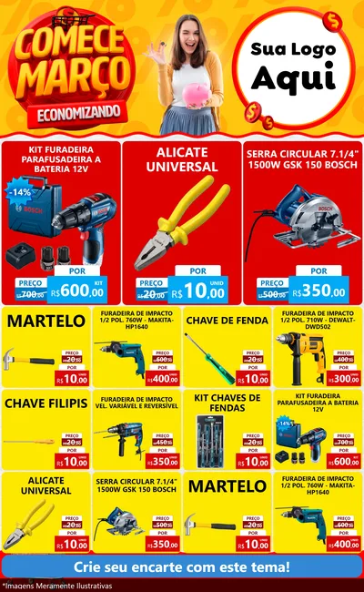 Modelo de Encarte para Encarte Grande com o tema Comece Março Economizando para Maquinas e Ferramentas