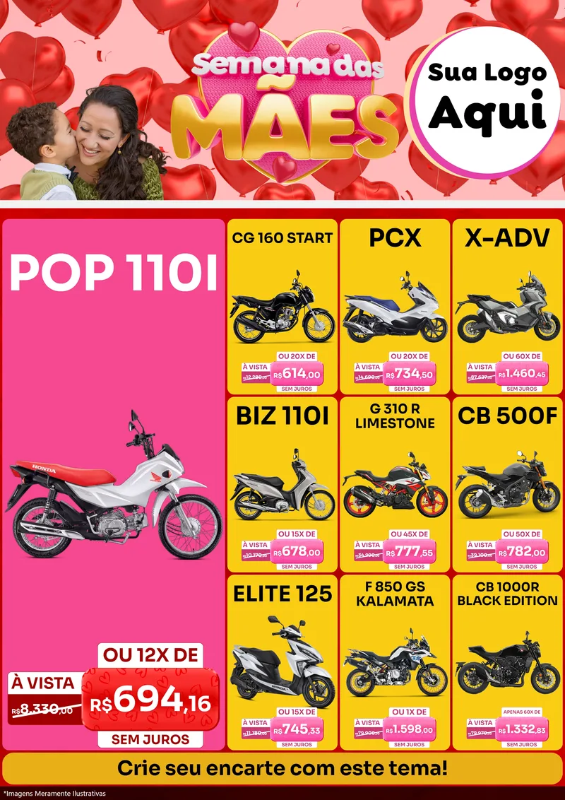 Modelo de Encarte para Encarte A4 Vertical com o tema Semana Das Mães para Concessionaria de Motos