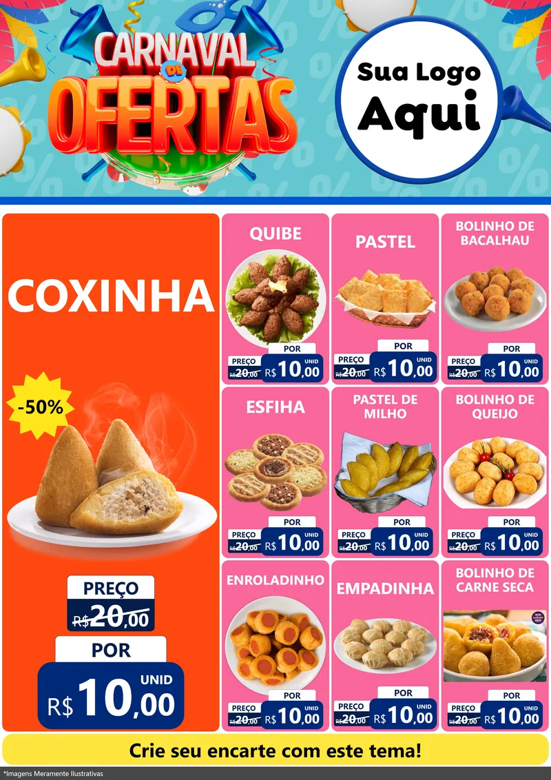 Modelo de Encarte para Encarte A4 Vertical com o tema Carnaval de Ofertas para Salgadaria