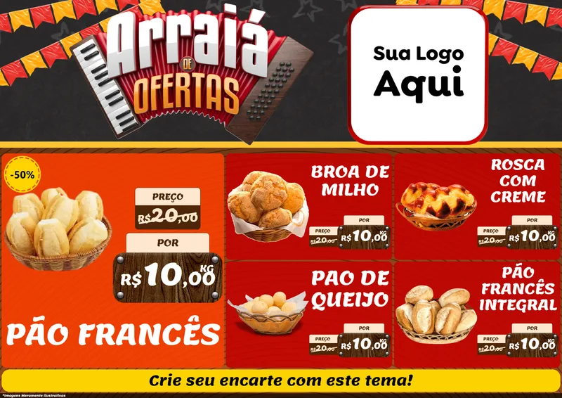 Modelo de Encarte para Encarte A4 Horizontal com o tema Arraiá de Ofertas - Junina para Padaria