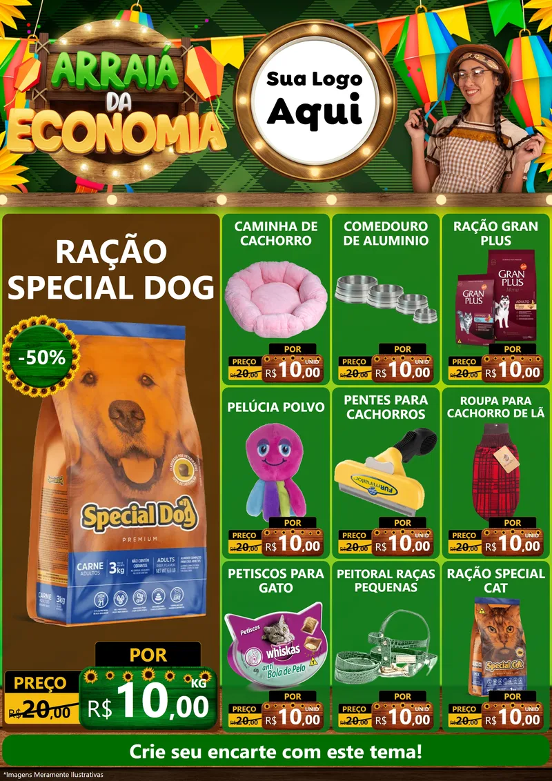 Modelo de Encarte para Encarte A4 Vertical com o tema Arraiá de Economia para Pet Shop