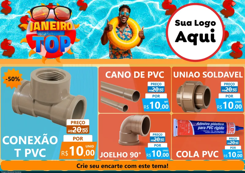 Modelo de Encarte para Encarte A4 Horizontal com o tema Janeiro Top para Tubos e conexões