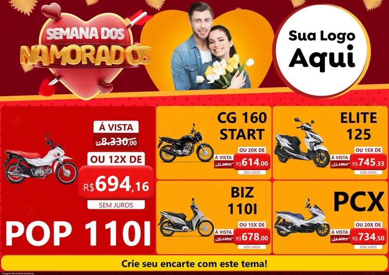 Modelo de Encarte para Encarte A4 Horizontal com o tema Semana dos Namorados para Concessionaria de Motos