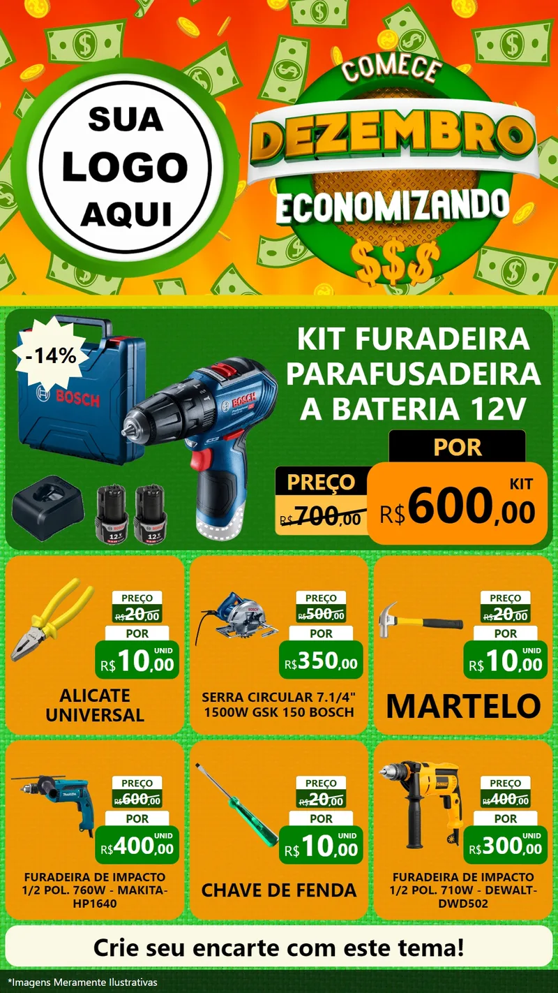 Modelo de Rede Social para Stories com o tema Comece Dezembro Economizando para Maquinas e Ferramentas