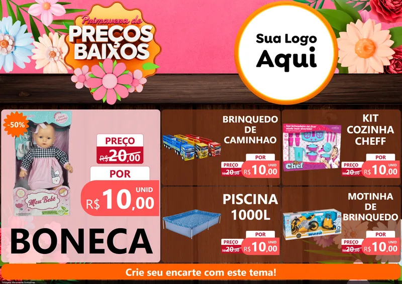 Modelo de Encarte para Encarte A4 Horizontal com o tema Primavera de Preços Baixos para Brinquedos
