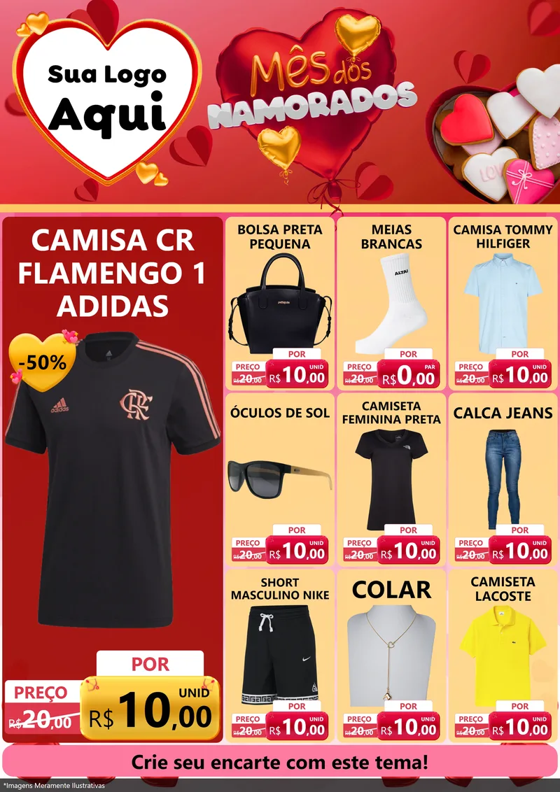 Modelo de Encarte para Encarte A4 Vertical com o tema Mês dos Namorados para Roupas e acessórios