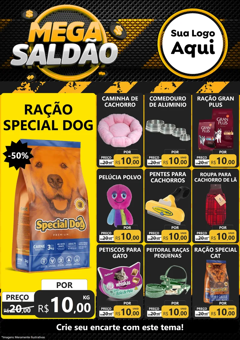 Modelo de Encarte para Encarte A4 Vertical com o tema Mega Saldão para Pet Shop