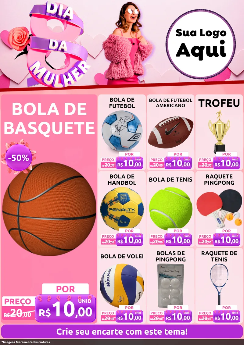 Modelo de Encarte para Encarte A4 Vertical com o tema Dia da Mulher para Artigos Esportivos