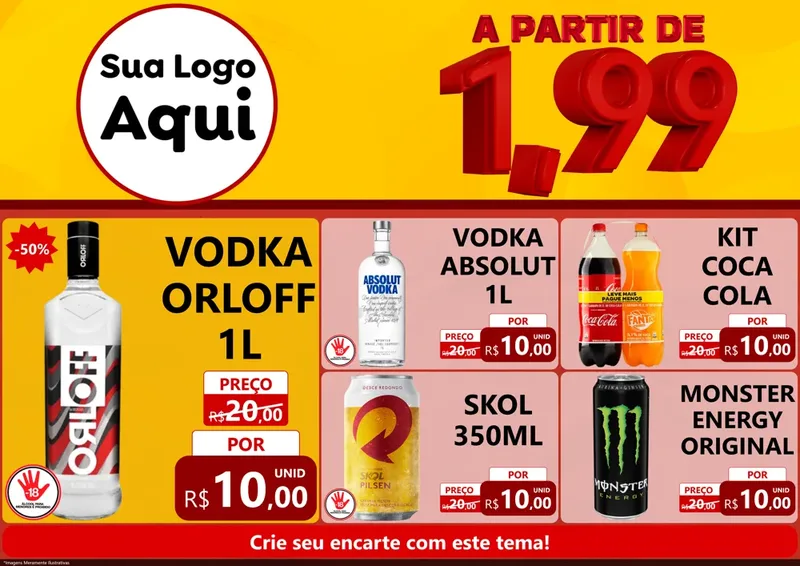 Modelo de Encarte para Encarte A4 Horizontal com o tema A Partir de Um e Noventa e Nove - 1,99 para Distribuidora de bebidas