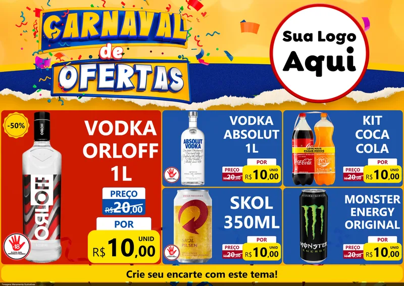 Modelo de Encarte para Encarte A4 Horizontal com o tema Carnaval de Ofertas para Distribuidora de bebidas