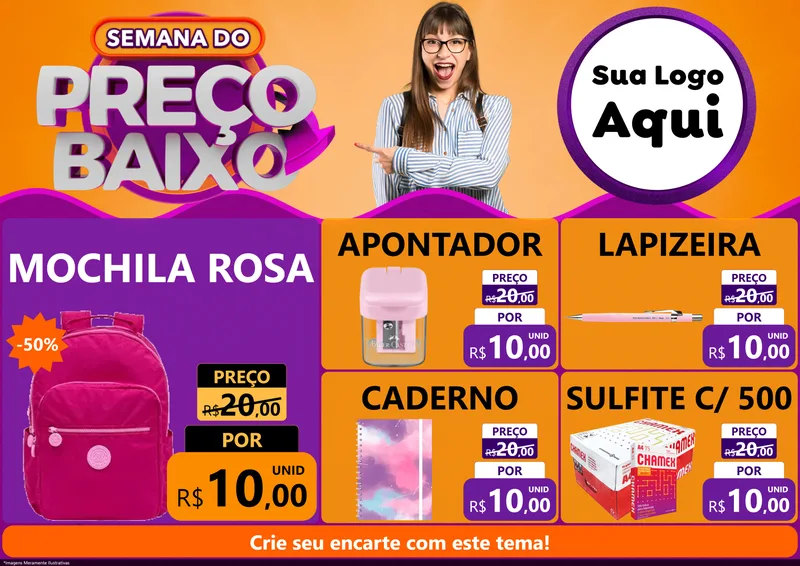 Modelo de Encarte para Encarte A4 Horizontal com o tema Semana do Preço Baixo para Papelaria