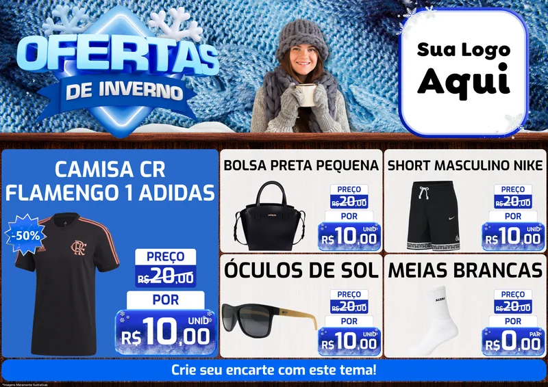 Modelo de Encarte para Encarte A4 Horizontal com o tema Ofertas de Inverno para Roupas e acessórios