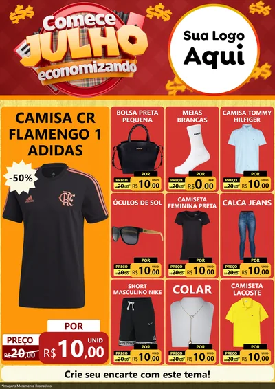 Modelo de Encarte para Encarte A4 Vertical com o tema Comece Julho Economizando para Roupas e acessórios