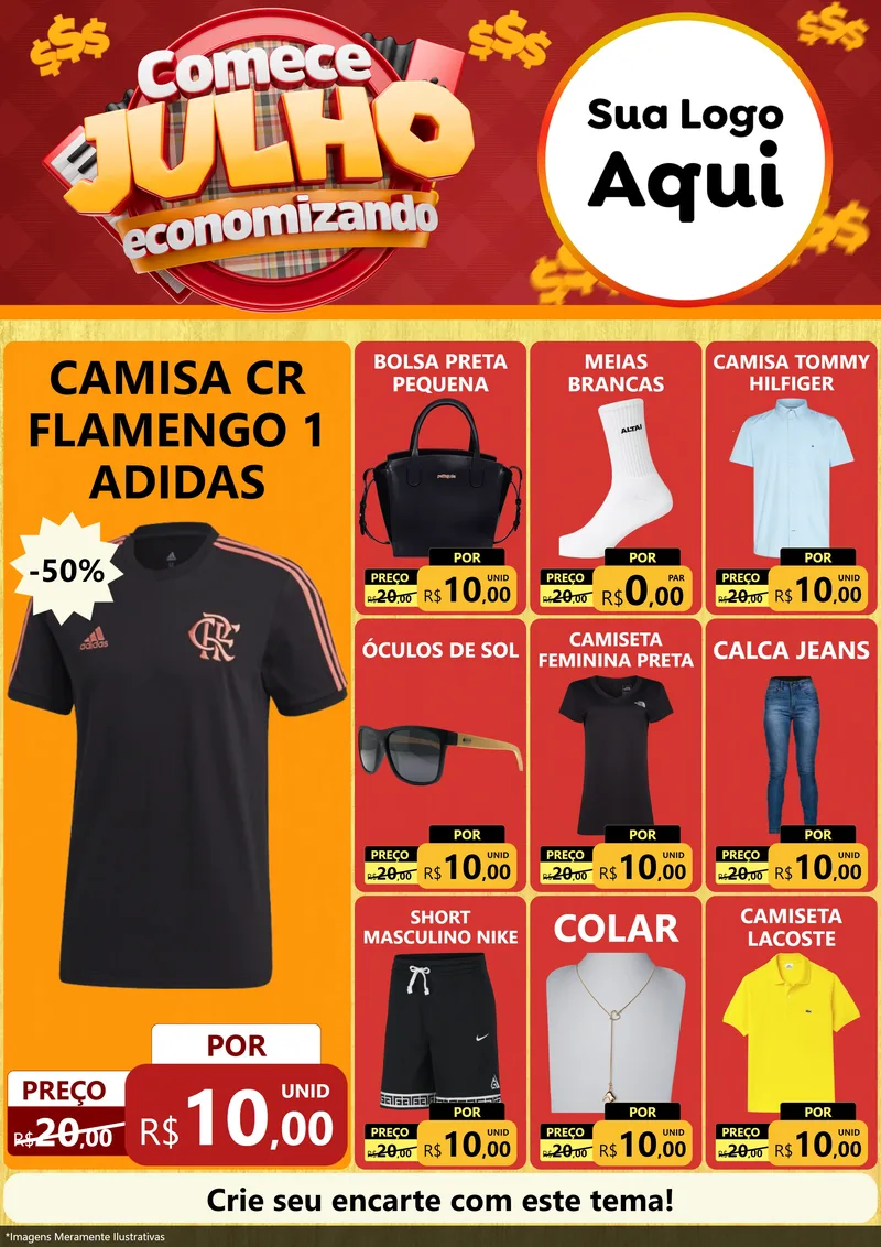 Modelo de Encarte para Encarte A4 Vertical com o tema Comece Julho Economizando para Roupas e acessórios