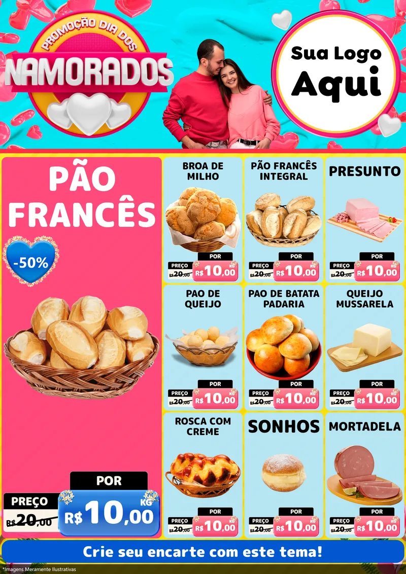 Modelo de Encarte para Encarte A4 Vertical com o tema Promoção Dia dos Namorados para Padaria